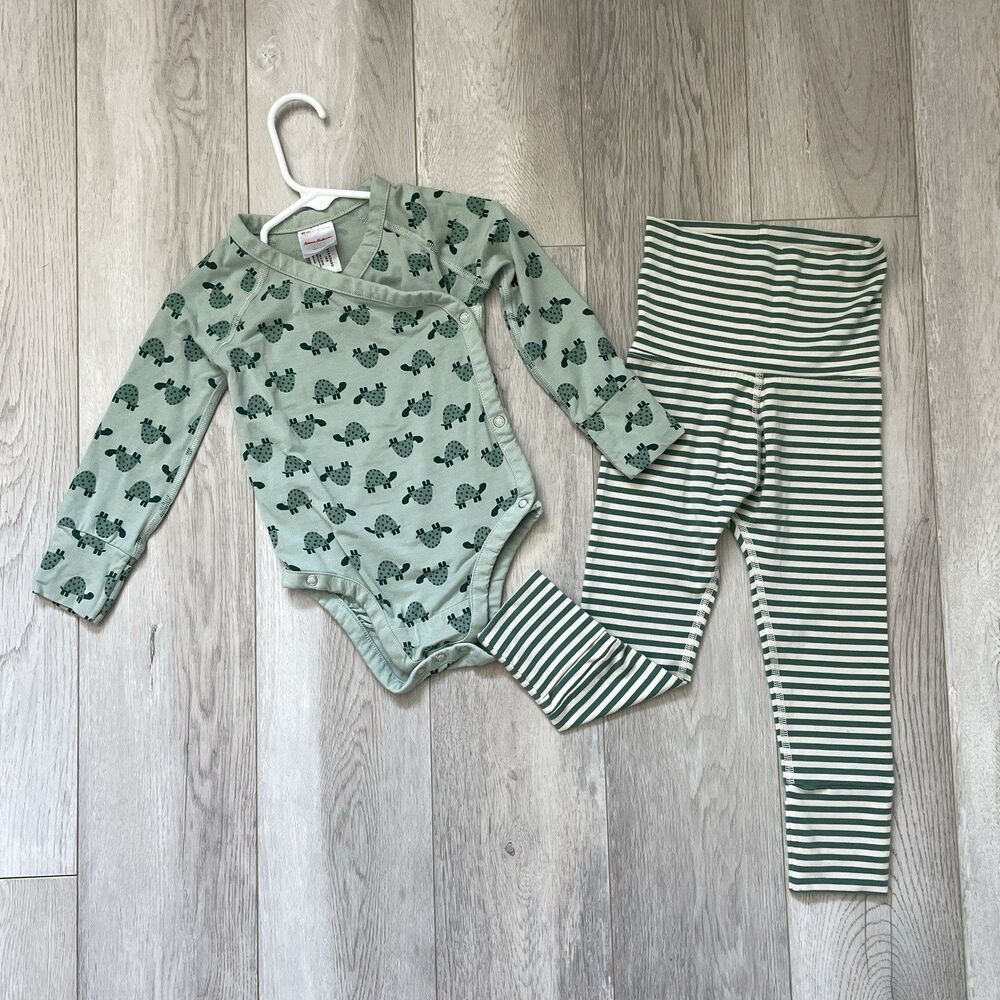 Hanna Andersson Outfit turtle one piece stripe pants baby Green size 18-24 month